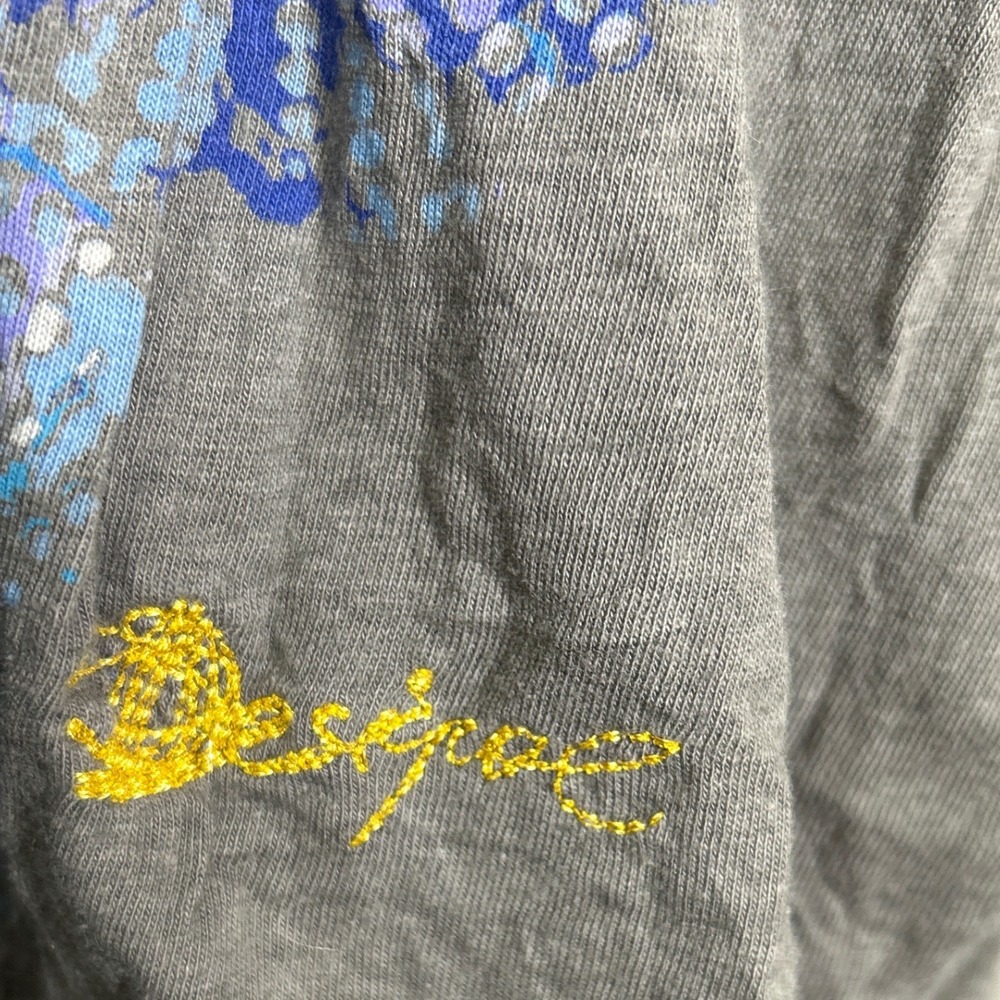 Desigual SMALL Gray Long Sleeve Smocked graphic Neckline Ruffled Hem floral Top‎ - Picture 2 of 4